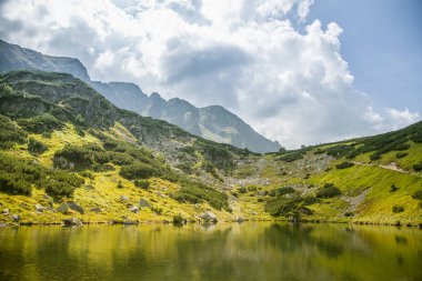 Güzel, temiz bir sakin, güneşli gün dağ vadisinde gölde. Yaz aylarında su ile dağ manzarası. Tatry dağlara Slovakya, Europe.
