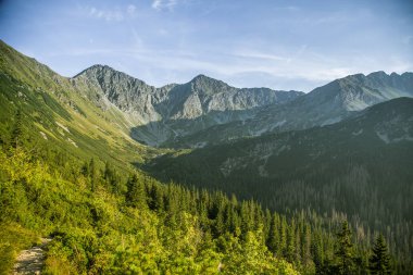 Güzel hiking trail dağlarda. Tatry, Slovakya dağ manzarası. Yürüyüş yolu sahne.