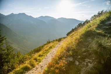 Güzel hiking trail dağlarda. Tatry, Slovakya dağ manzarası. Yürüyüş yolu sahne.