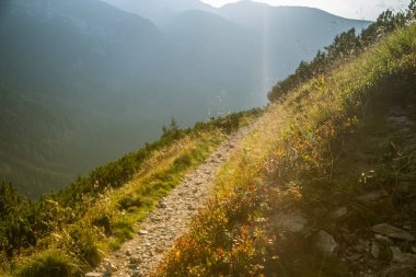 Güzel hiking trail dağlarda. Tatry, Slovakya dağ manzarası. Yürüyüş yolu sahne.