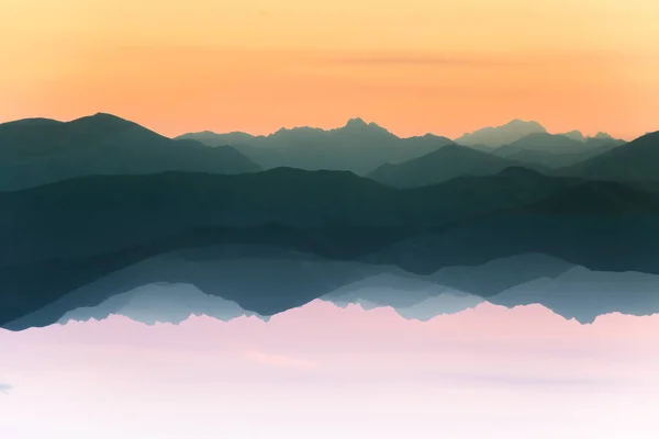 Kleurrijke Abstracte Dubbele Blootstelling Van Bergen Sunrise Minimalistisch Landschap Met — Stockfoto