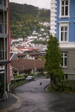 Bergen, Norveç'in sokakta güzel bir sahne. Bulutlu gün.