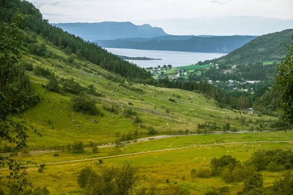 Hermoso Paisaje Otoñal Montañas Parque Nacional Folgefonna Con Fiordo Lejos —  Fotos de Stock