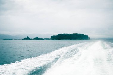 Fjord bir feribot sırasında coeast üzerinde dramatik, bulutlu bir sahne binmek Bergen yakınındaki Norveç'te. Fiyort Moody sonbahar manzara.