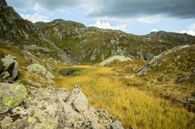 Rüzgarlı, yağmurlu havalarda uzun bir yürüyüş sırasında güzel sonbahar manzara Folgefonna Milli Parkı'nda Norveç'te. Dağlar İskandinavya. Sonbahar sahne içinde ekilmemiş boş arazi.