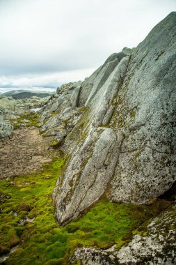 Güzel kaya oluşumları Folgefonna Milli Parkı Norveç dağlarında. Bir taş ile sonbahar manzara.
