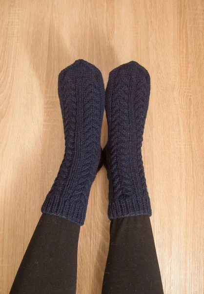 Woman Wearing Warm Hand Craft Socks Knitted Form Natural Sheep — Stock Photo, Image