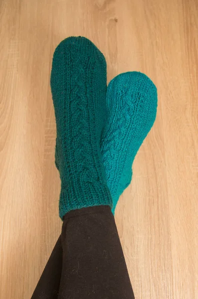 Woman Wearing Warm Hand Craft Socks Knitted Form Natural Sheep — Stock Photo, Image