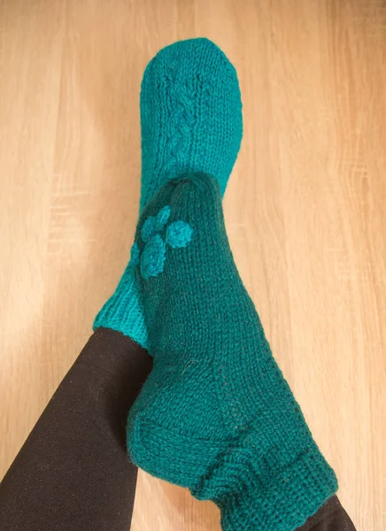 Woman Wearing Warm Hand Craft Socks Knitted Form Natural Sheep — Stock Photo, Image