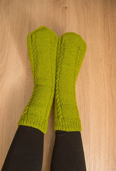 Woman Wearing Warm Hand Craft Socks Knitted Form Natural Sheep — Stock Photo, Image