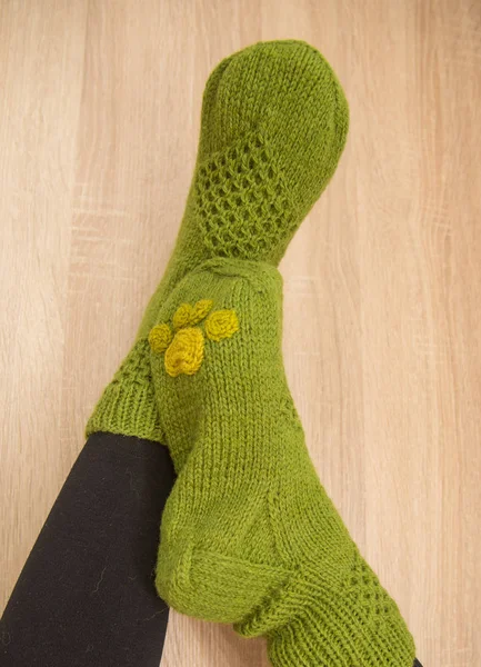 Woman Wearing Warm Hand Craft Socks Knitted Form Natural Sheep — Stock Photo, Image