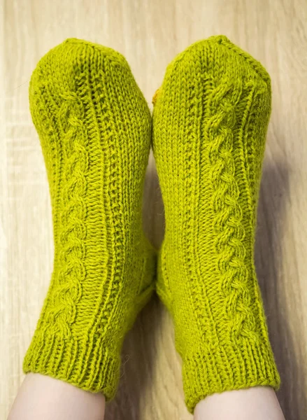 Woman Wearing Warm Hand Craft Socks Knitted Form Natural Sheep — Stock Photo, Image