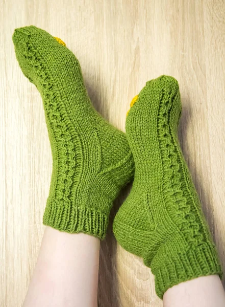 Woman Wearing Warm Hand Craft Socks Knitted Form Natural Sheep — Stock Photo, Image