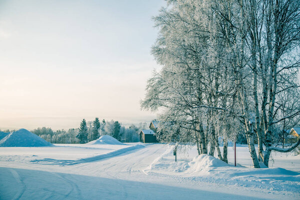 A beautiful morning sceney of a small Norwegian town Roros in winter. World heritage site. Scandinavian winter landscape.