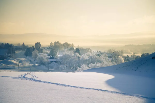 冬のノルウェーの小さな町ロロスの美しい朝のシーン 世界遺産 スカンジナビアの冬の風景 — ストック写真