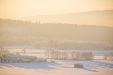 Norveç tonlu roros'un şehvetli gün batımı manzarası. Bir akşam güneşi ile kış manzarası. Sıcak, dinlendirici bir atmosfer.