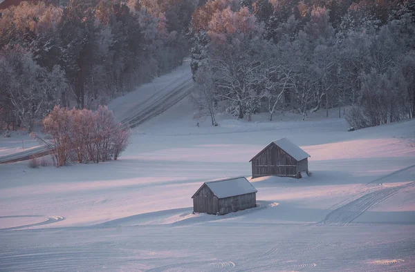 Piękne Zachody Słońca Krajobraz Małego Norweskiego Tony Roros Zimowe Dekoracje — Zdjęcie stockowe