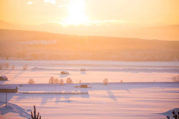 Beatiful Sunset Landscape Small Norwegian Ton Roros Winter Scenery Evening — Stock Photo, Image