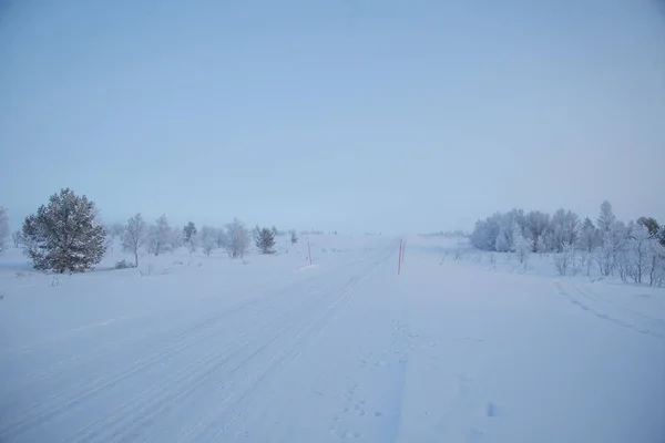 Красивое Туманное Утро Зимой Белый Туманный Пейзаж Недалеко Маленького Городка — стоковое фото