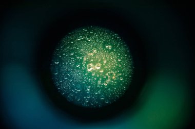 Güzel, soyut görünümlü, soğuk desenli bir küre. Buz, daire şeklinde bir tasarımla pencerenin üzerinde donmuştu. Renkli arkaplan.