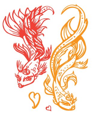 İki muhteşem goldfish kron ve doğrusal bir tarzda yürekleri. Sihirli kırmızı balıktır. Vektör çizim.