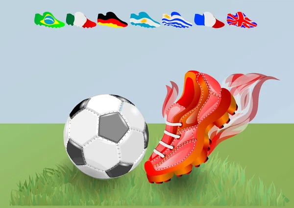 Ποδόσφαιρο Παπούτσια Και Μπάλα Τις Σημαίες Των Κορυφαίων Εθνών Ποδοσφαίρου — Διανυσματικό Αρχείο