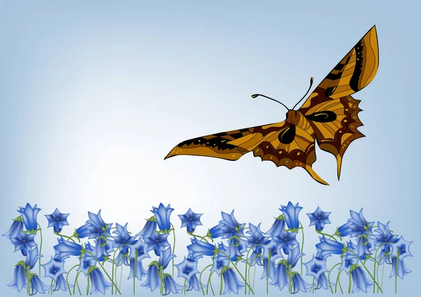 Fondo Floral Con Mariposa Cielo Azul — Vector de stock