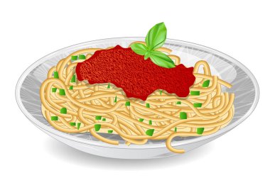 Beyaz tabak spagetti domates sosu ve fesleğen ile
