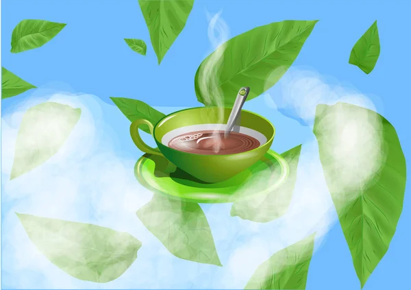 Grüne Tasse Mit Kaffee Auf Wolke — Stockvektor