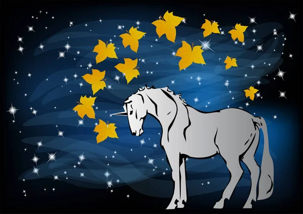 Unicorno Nella Foresta Notturna Sfondo Astratto Con Cielo — Vettoriale Stock
