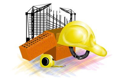 kask ve kavram bina tuğla. şerit metre, kask, tuğla onmulticolor arka plan