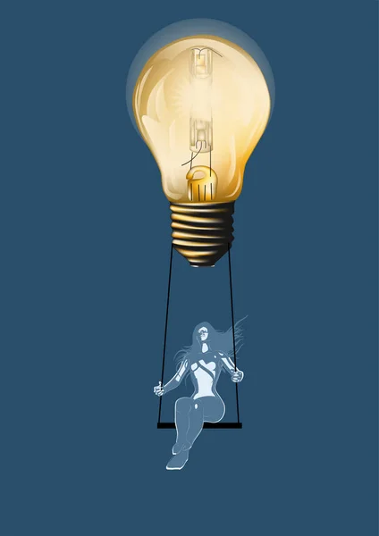 Young Woman Sitting Swing Light Bulb Symbol Energy — Stock Vector