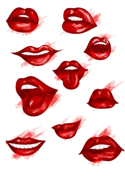 Set Red Womens Lips Isolated White — Stock Vector