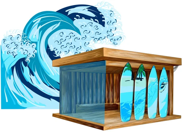 Серфінг магазин і хвиля — стоковий вектор
