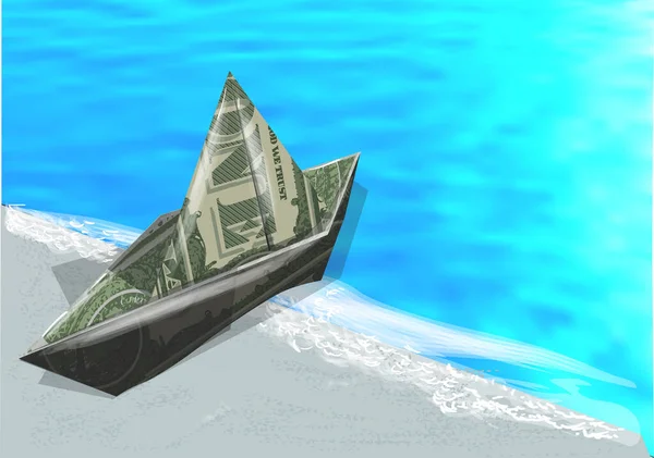Money Paper Ship Coast Waves — Stock Vector