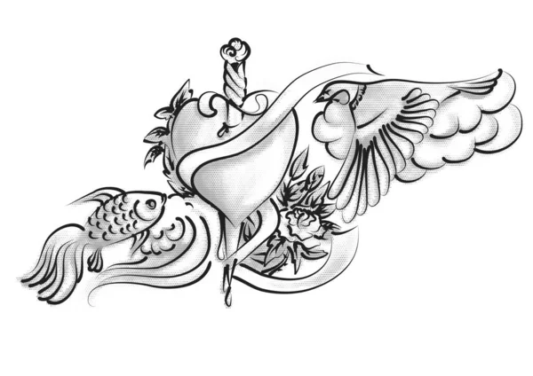 Tatuaje Pájaro Pescado Corazón Aislado Blanco — Vector de stock