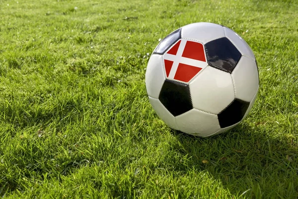 与丹麦弗拉一起在草地上的足球 — 图库照片