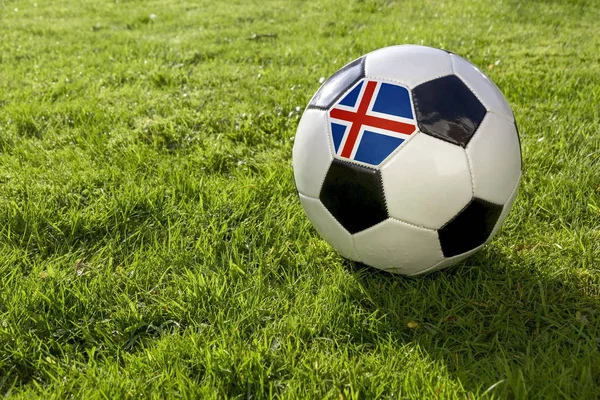 Futebol Campo Grama Com Bandeira Islândia — Fotografia de Stock