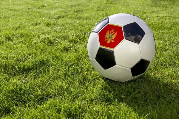 与黑山一起在草地上的足球 — 图库照片