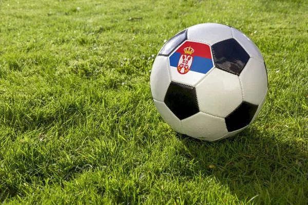 Futebol Campo Grama Com Bandeira Sérvia — Fotografia de Stock