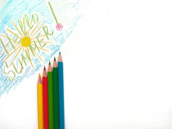 Drawing Colored Pencils Hello Summer Green Dark Green Red Yellow — Stock Photo, Image