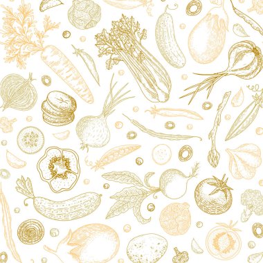 Organik gıda tasarım şablonu. Pastel sebze arka plan. Çizim ayrıntılı Vejetaryen yiyecekler. Çiftlik market ürün. Etiket için büyük tasarım menü, yemek tarifleri, poster, tasarım, kağıt ambalaj.