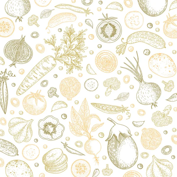 Plantilla de diseño de alimentos ecológicos. Fondo de verduras pasteles. Dibujo detallado de comida vegetariana. Producto del mercado agrícola. Ideal para etiquetas, menú de diseño, recetas, póster, diseño de envases, papel de embalaje . — Vector de stock