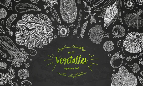 Zeleninové vektor složení s okurka, rajče, lilek, brambory, mrkev, brokolice. Šablona návrhu zdravé jídlo se zeleninou na tabuli. Pro návrh menu, recepty, plakát. — Stockový vektor