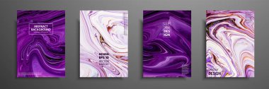 Akrilik boyalar karışımı ile el ilanı düzeni şablonu. Sıvı mermer doku. Sanat sıvı. Tasarım kapak, afiş, poster, afiş için uygulanabilir. Karışık mavi, mor, turuncu ve beyaz boyalar