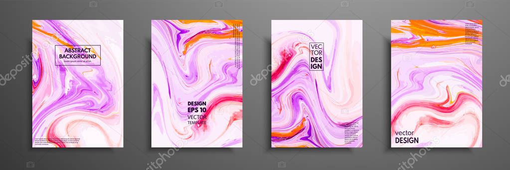 Flyer layout template with mixture of acrylic paints. Liquid marble texture. Fluid art. Applicable for design cover, flyer, poster, placard. Mixed pink, purple and white paints.