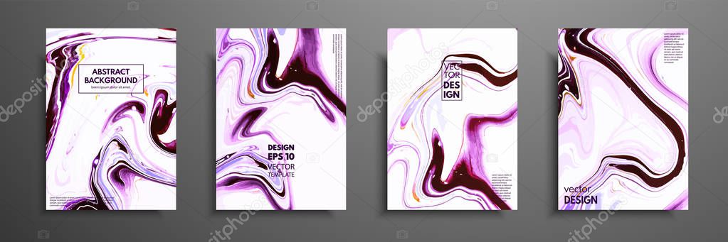 Flyer layout template with mixture of acrylic paints. Liquid marble texture. Fluid art. Applicable for design cover, flyer, poster, placard. Mixed black, purple and white paints.