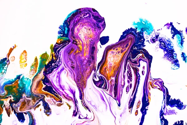 Mixture of acrylic paints. Modern artwork with spots and splashes of color paint. Liquid marble texture. Applicable for design packaging, labels, business cards, and interactive web backgrounds. — Stock Photo, Image