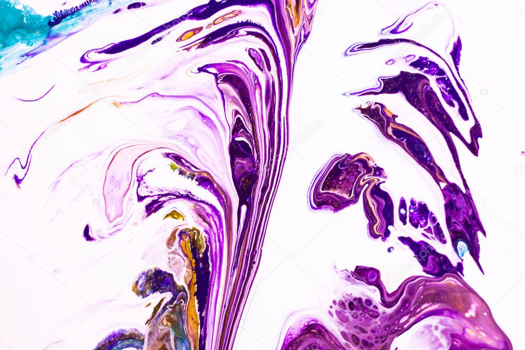 Mixture of acrylic paints. Modern artwork with spots and splashes of color paint. Liquid marble texture. Applicable for design packaging, labels, business cards, and interactive web backgrounds.