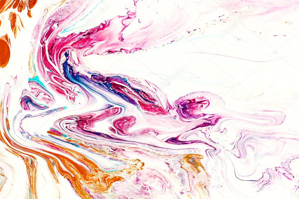 Abstract acrylic liquid texture. Modern artwork with spots and splashes of color paint. Applicable for into coffee packaging, labels, business cards, and interactive web backgrounds.